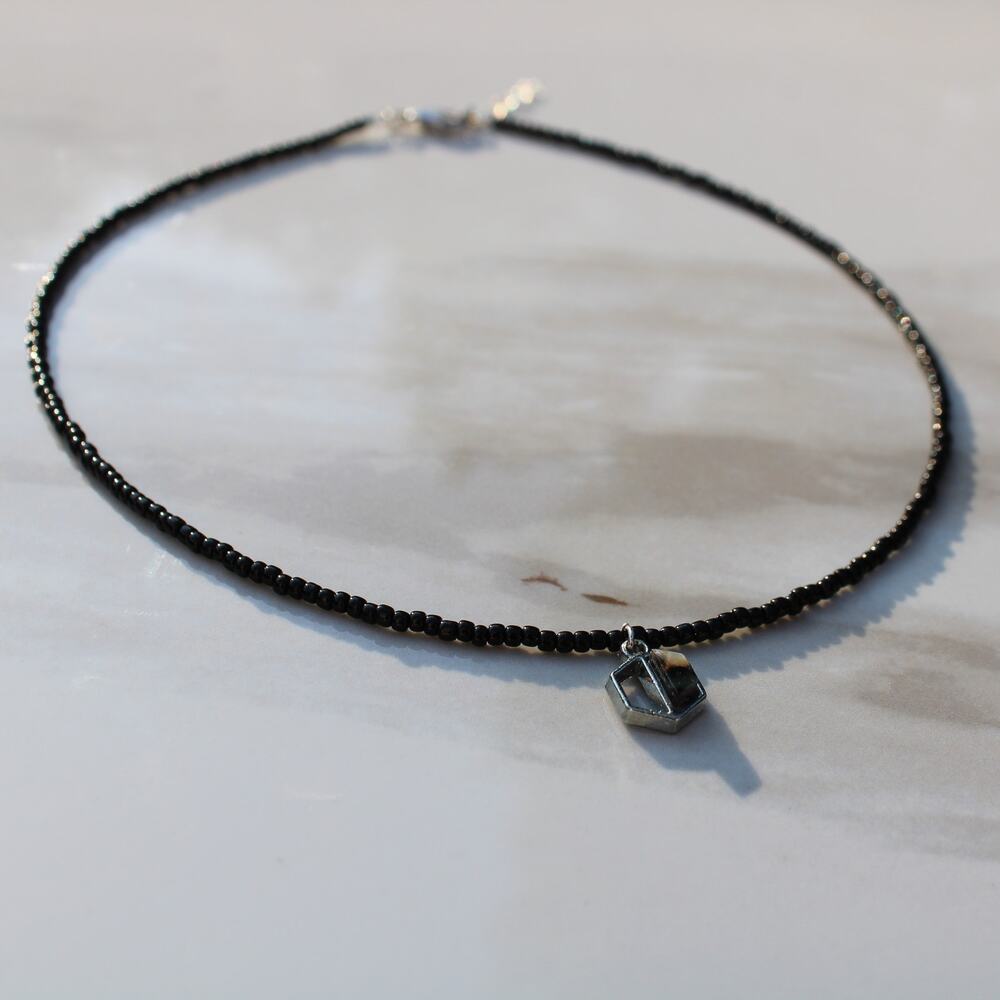 Black Hexagon Charm Beaded Necklace